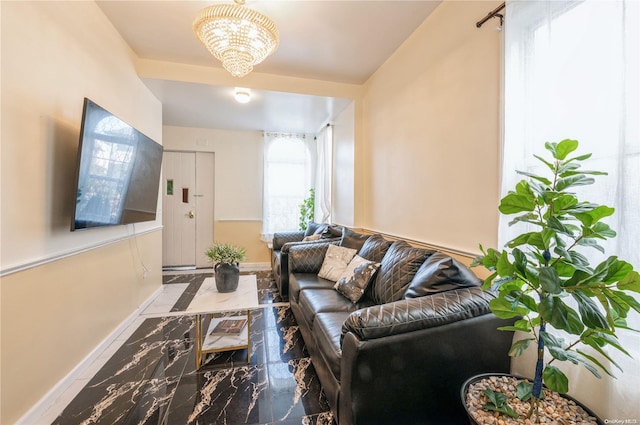 living room with a chandelier