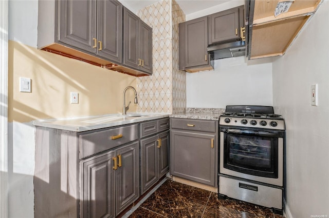 kitchen with gray cabinetry, extractor fan, stainless steel stove, and tasteful backsplash