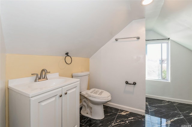 bathroom with vanity, lofted ceiling, and toilet