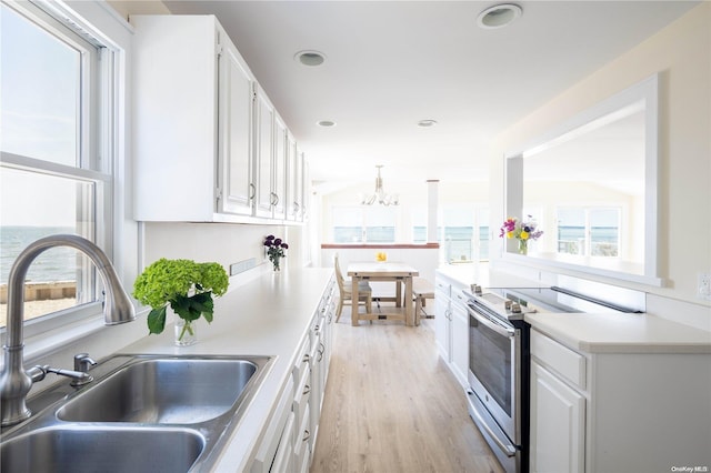 kitchen featuring white cabinetry, a wealth of natural light, sink, and stainless steel electric range oven