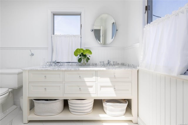 4235 Camp Mineola Rd, Mattituck, NY 11952 - full bath featuring toilet, wainscoting, and double vanity