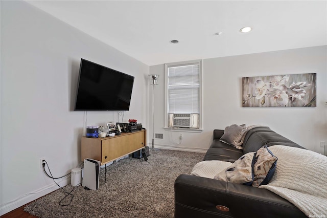 living room with carpet floors and cooling unit