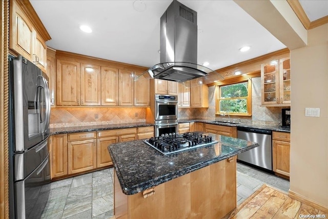 kitchen featuring a center island, light hardwood / wood-style flooring, dark stone countertops, island range hood, and appliances with stainless steel finishes