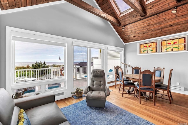 living area featuring light hardwood / wood-style floors, beam ceiling, wood ceiling, and a skylight