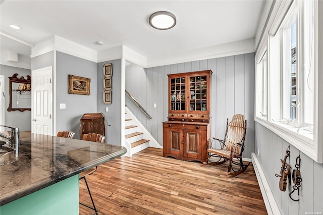 interior space featuring light wood-type flooring, wooden walls, a healthy amount of sunlight, and sink