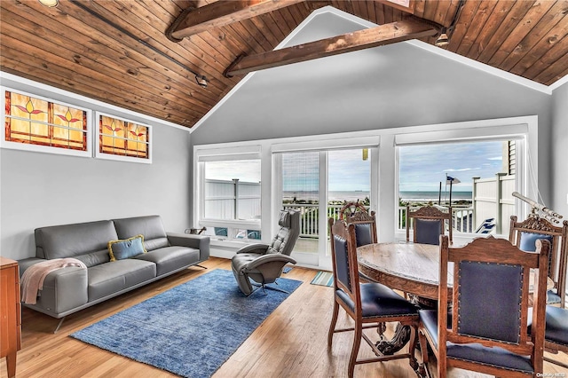 living room with beamed ceiling, high vaulted ceiling, light wood-type flooring, and wood ceiling