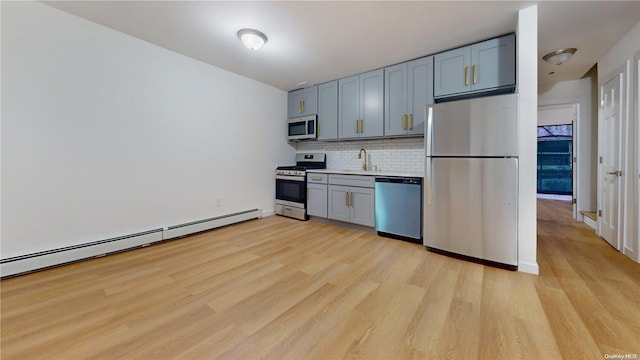 kitchen featuring sink, stainless steel appliances, baseboard heating, backsplash, and light hardwood / wood-style floors