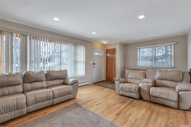 living room featuring a baseboard radiator, crown molding, and light wood-type flooring