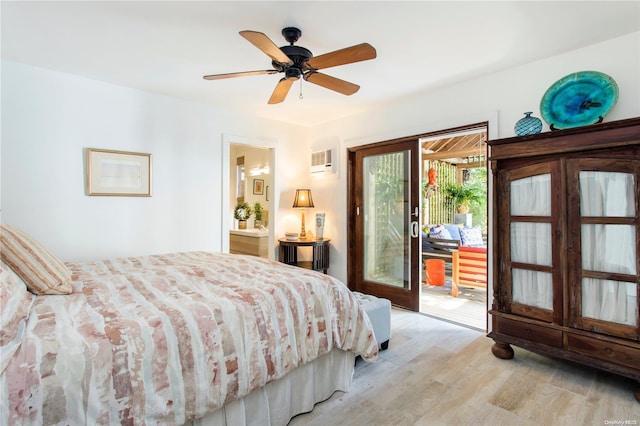 bedroom with ensuite bath, ceiling fan, french doors, light hardwood / wood-style flooring, and access to outside