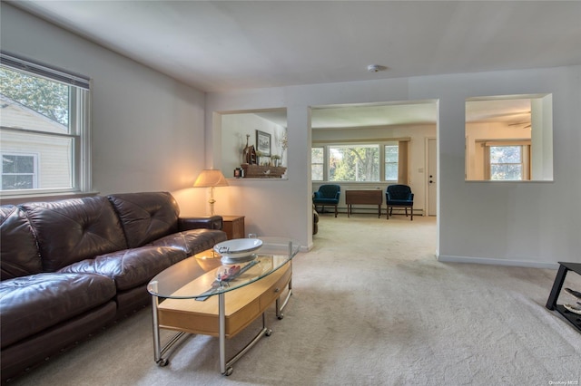 living room with light carpet and a baseboard heating unit