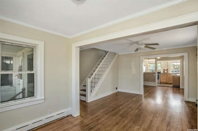 unfurnished living room featuring crown molding, dark hardwood / wood-style flooring, ceiling fan, and a baseboard heating unit