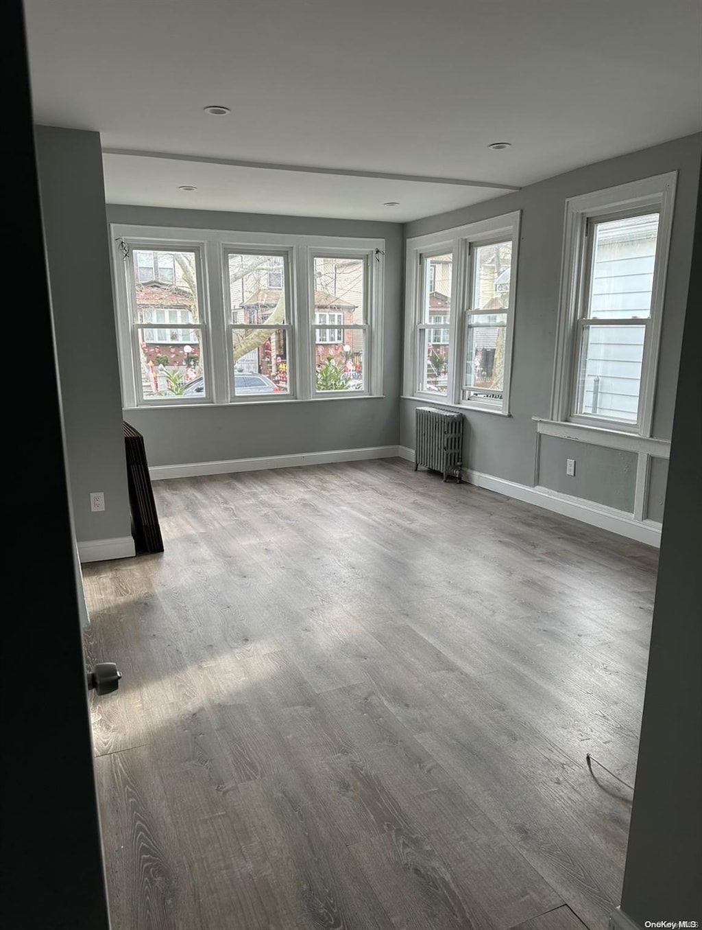 spare room featuring radiator and hardwood / wood-style floors