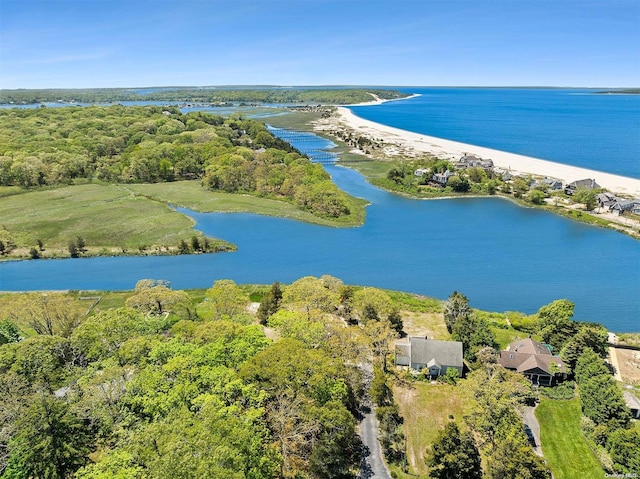 aerial view featuring a water view and a view of the beach