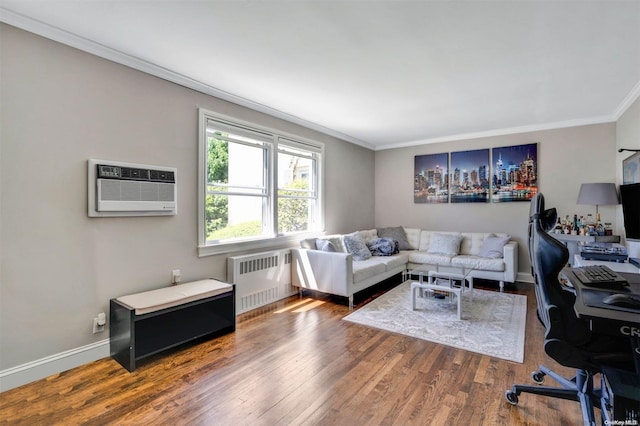 living room featuring an AC wall unit, radiator, wood-type flooring, and ornamental molding