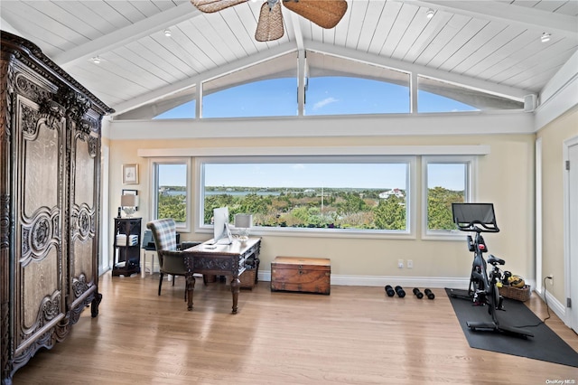 workout area featuring vaulted ceiling, light hardwood / wood-style flooring, ceiling fan, and wooden ceiling