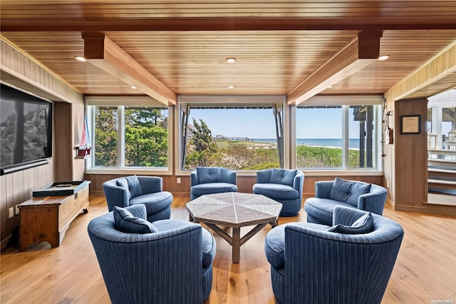 sunroom / solarium with plenty of natural light, a water view, and wooden ceiling