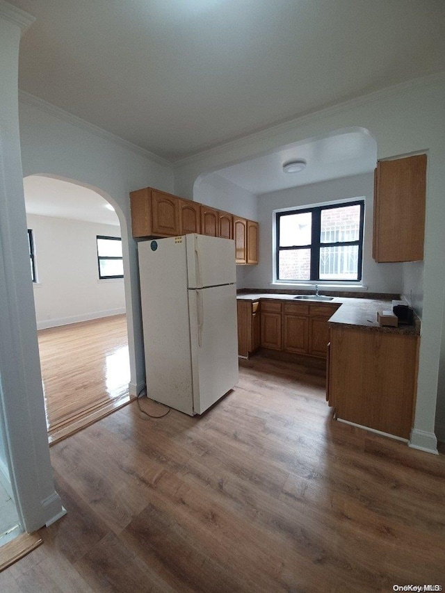 kitchen with white fridge, light hardwood / wood-style flooring, ornamental molding, and sink