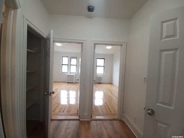 corridor with radiator heating unit and hardwood / wood-style flooring