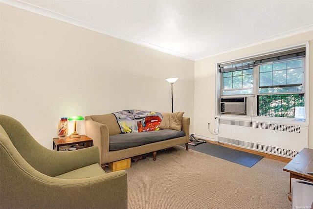 carpeted living room featuring cooling unit, radiator, and ornamental molding