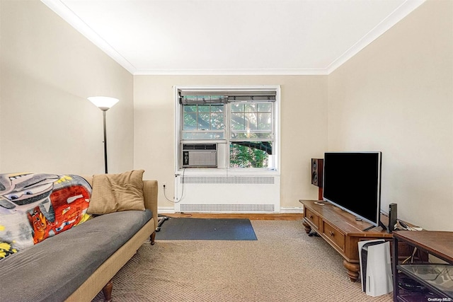 living room featuring carpet flooring, cooling unit, radiator heating unit, and crown molding