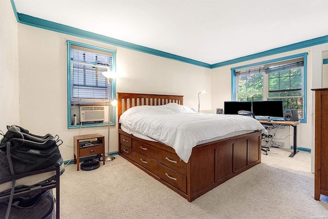 bedroom featuring light colored carpet and cooling unit