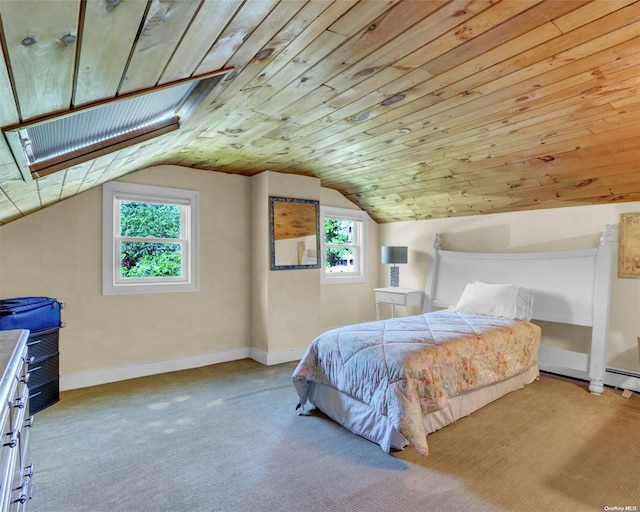 carpeted bedroom with multiple windows, lofted ceiling, and wood ceiling