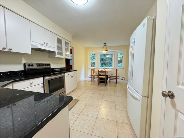 kitchen featuring stainless steel electric range, white refrigerator, hanging light fixtures, light tile patterned floors, and white cabinetry