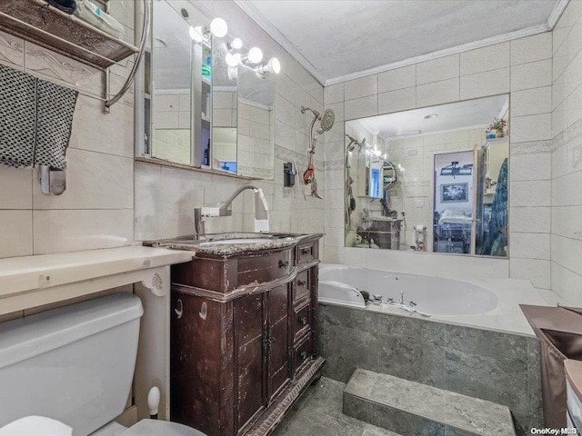 bathroom featuring tile walls and crown molding