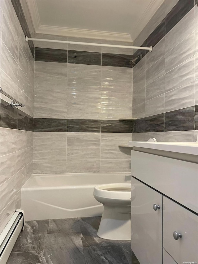 full bathroom with vanity, a baseboard radiator, tile walls, and ornamental molding