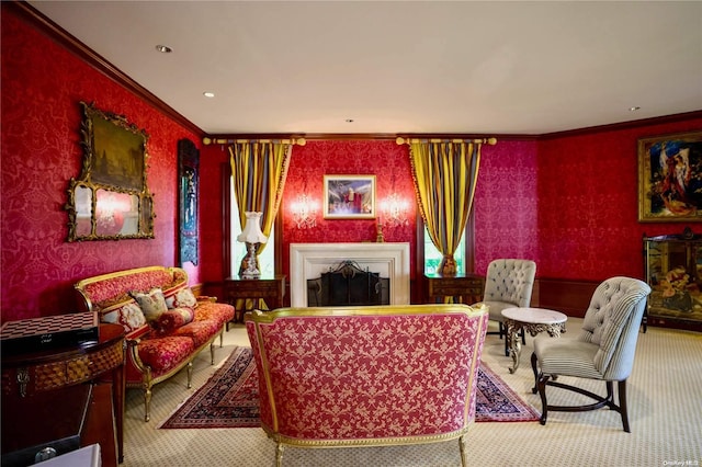 living room featuring carpet flooring, crown molding, and plenty of natural light