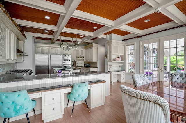 kitchen with coffered ceiling, tasteful backsplash, beamed ceiling, light hardwood / wood-style floors, and appliances with stainless steel finishes