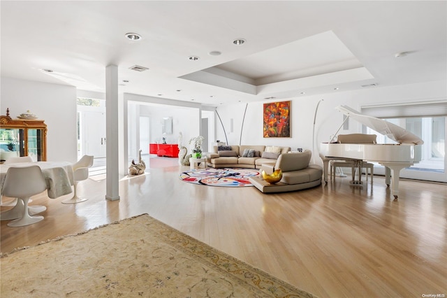 living room with light wood-type flooring and a tray ceiling