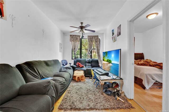 living room with hardwood / wood-style floors and ceiling fan