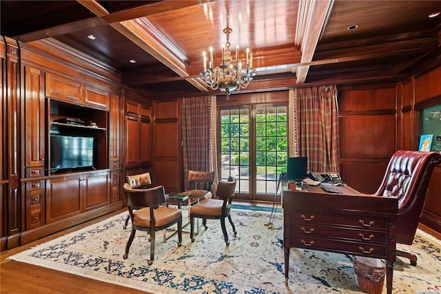 home office with wood walls, hardwood / wood-style floors, coffered ceiling, and an inviting chandelier