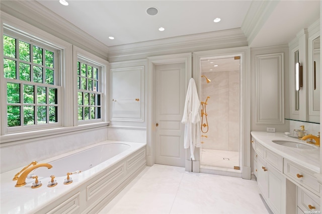 bathroom with separate shower and tub, tile patterned floors, vanity, and ornamental molding