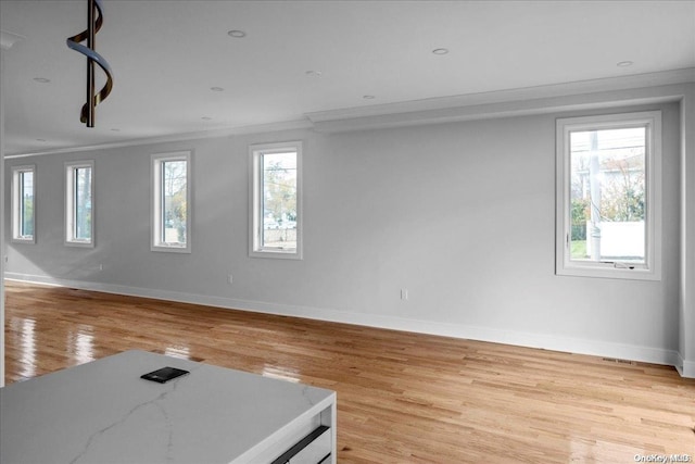 spare room featuring crown molding and light hardwood / wood-style flooring