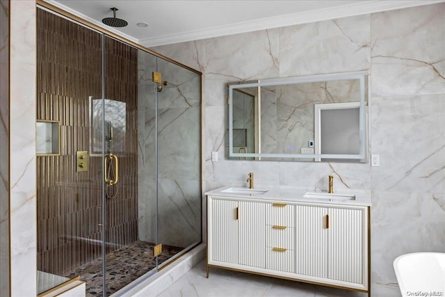 bathroom with vanity, ornamental molding, tile walls, and shower with separate bathtub