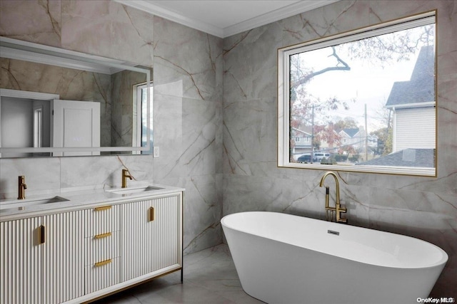 bathroom featuring crown molding, tile walls, and a wealth of natural light