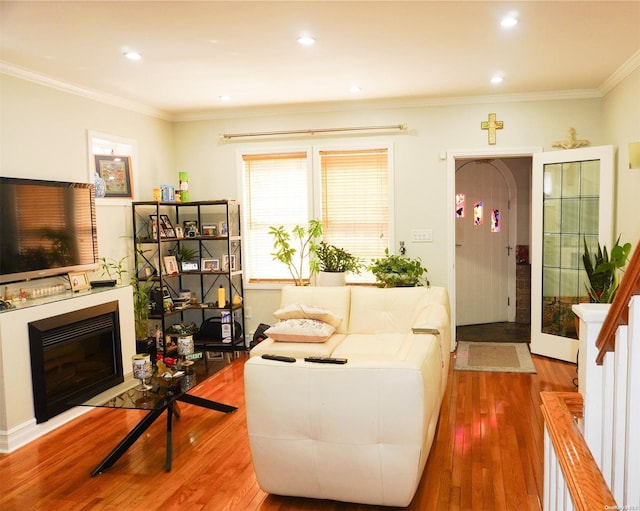 living room with crown molding and hardwood / wood-style floors