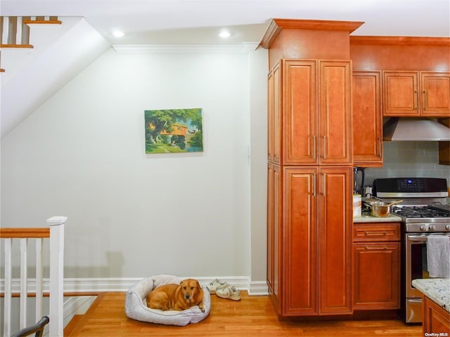 kitchen with decorative backsplash, light stone counters, extractor fan, light hardwood / wood-style flooring, and stainless steel range with gas stovetop