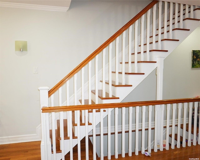 stairs with hardwood / wood-style flooring and ornamental molding