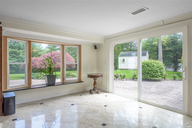 empty room featuring ornamental molding and a healthy amount of sunlight