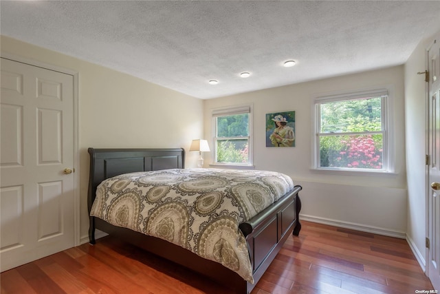 bedroom with hardwood / wood-style flooring, a textured ceiling, and multiple windows