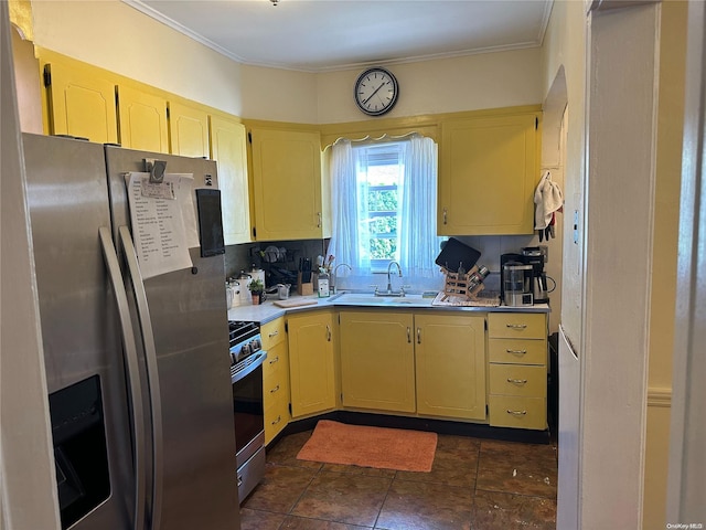 kitchen featuring decorative backsplash, crown molding, sink, and appliances with stainless steel finishes