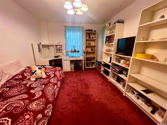 bedroom with dark colored carpet