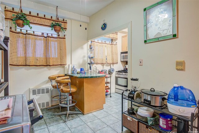 kitchen featuring appliances with stainless steel finishes, radiator heating unit, and light tile patterned floors