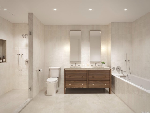 full bathroom with tile patterned floors, separate shower and tub, toilet, and tile walls