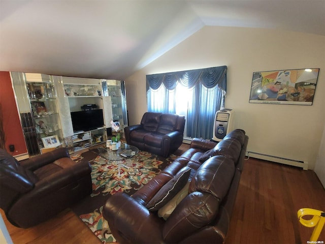 living room with hardwood / wood-style flooring, vaulted ceiling, and a baseboard heating unit