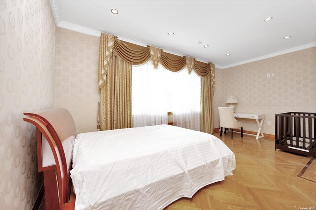 bedroom featuring parquet flooring and ornamental molding