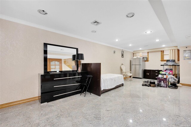 bedroom featuring ornamental molding and stainless steel refrigerator